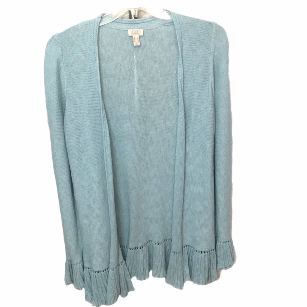 LOGO by Lori Goldstein Light Blue Open Front Ruffle Hem Cardigan